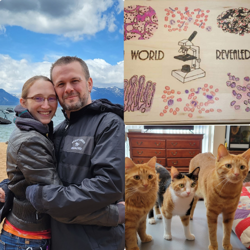Dr. Kelsey Hummel with her husband John, cats Bolin, Korra, and Sokka, and her woodburning artwork.